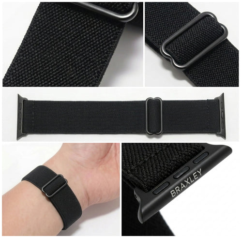 Blackout Apple Watch Band - detail collage (weave, adjuster, laid flat, on wrist, connector)
