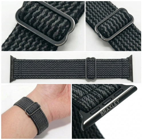 Charcoal Apple Watch Band - detail collage (weave, adjuster, laid flat, on wrist, connector)