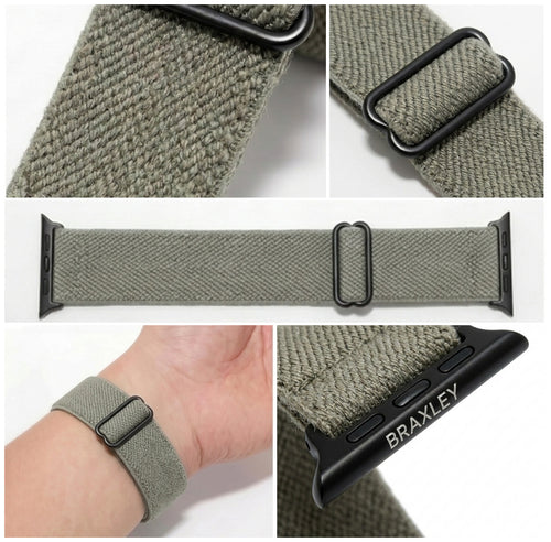 Ash Apple Watch Band - detail collage (weave, adjuster, laid flat, on wrist, connector)