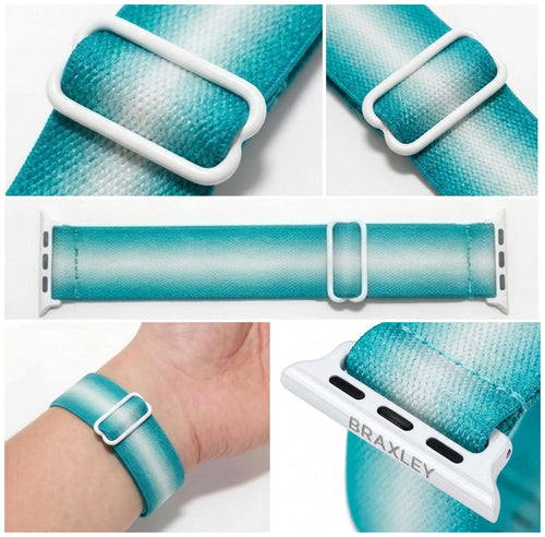 Coastal Apple Watch Band - detail collage (weave, adjuster, laid flat, on wrist, connector)