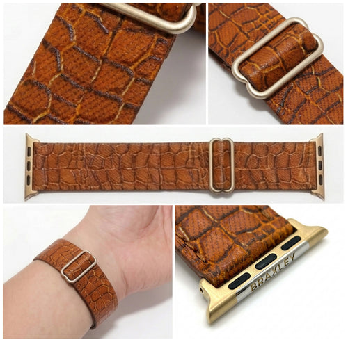 Croc Apple Watch Band - detail collage (weave, adjuster, laid flat, on wrist, connector)