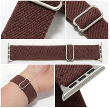 Chocolate Apple Watch Band - detail collage (weave, adjuster, laid flat, on wrist, connector)