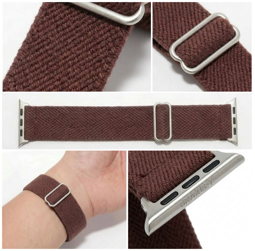 Chocolate Apple Watch Band - detail collage (weave, adjuster, laid flat, on wrist, connector)
